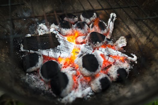 Close-up of glowing charcoal briquettes in a barbecue, ready for grilling.